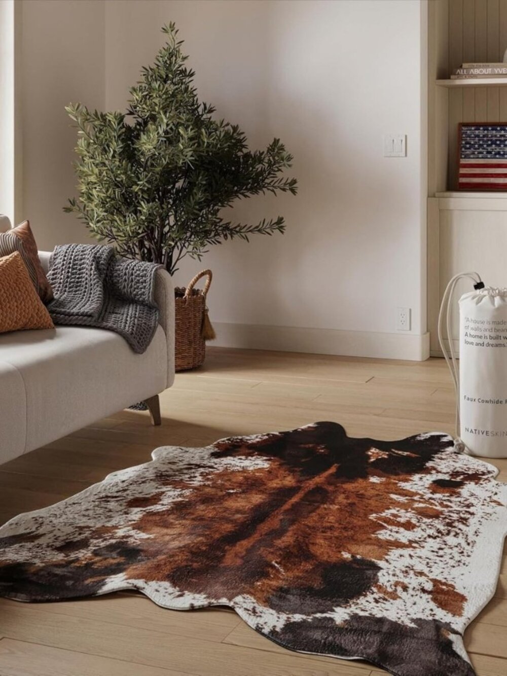 Faux Cowhide Rug 4'7"x6'7" - Brown Cow Print Rug, Washable, Non-Shedding